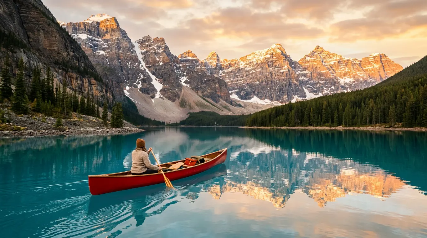 Canoe on a turquoise lake in the Canadian Rockies at sunrise